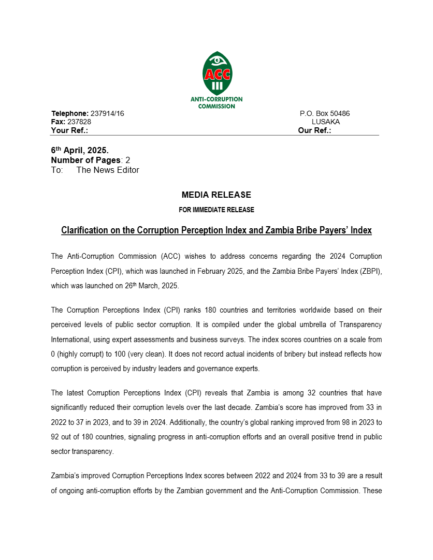 Clarification on the Corruption Perception Index and Zambia Bribe Payers’ Index