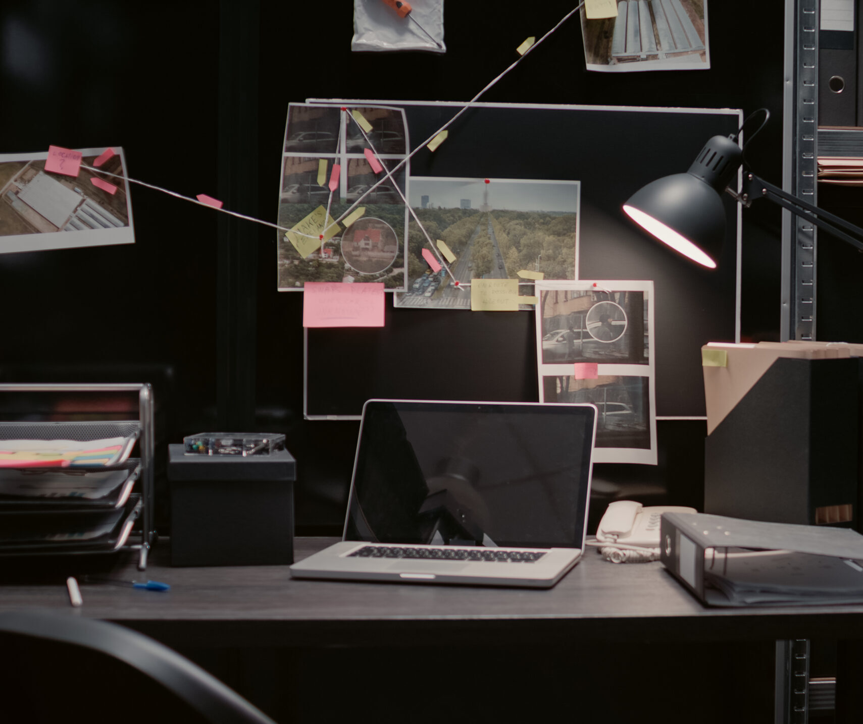 Evidence board with case files or investigation clues